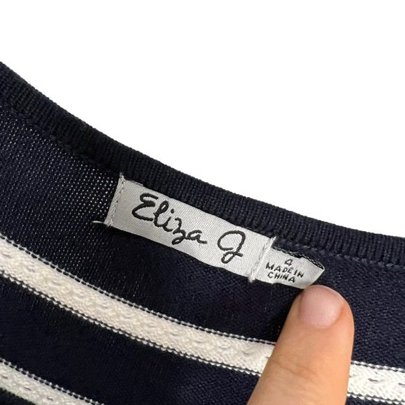 Eliza J Navy Blue White Stripe Short Sleeve Knit Below Knee Dress Small - Picture 5 of 10